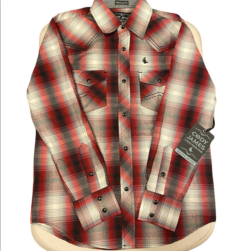NWT Cody James Boys Size Medium Red Black White Plaid Pearl Snap Western Shirt